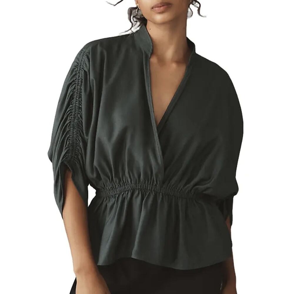 Anthropologie Maeve Short Sleeve Large Ruched Peplum Blouse Deep Green